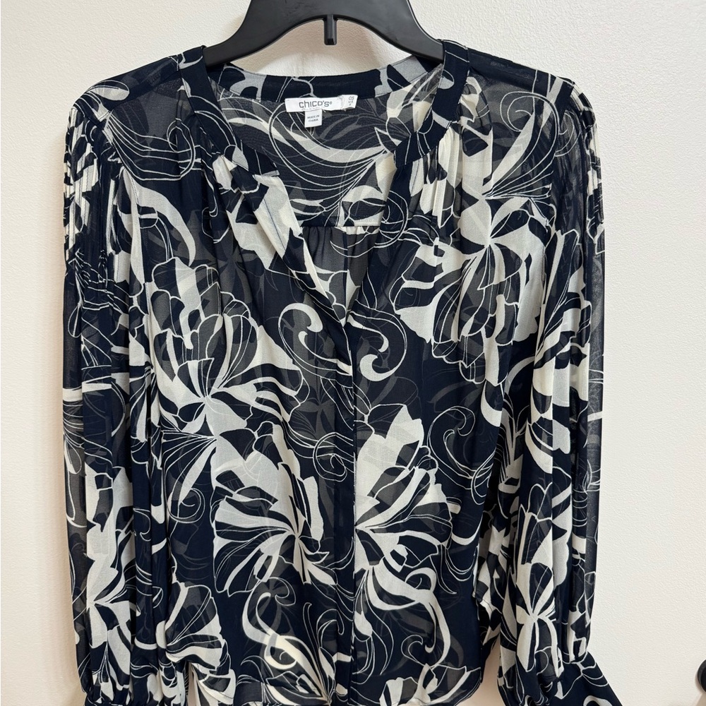 Chico's Navy and Cream Floral Top